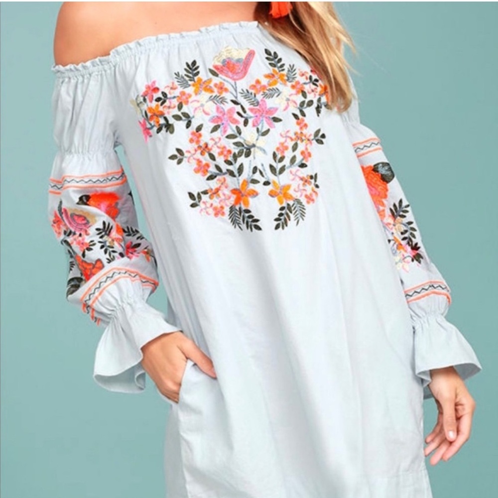 Free People Off-Shoulder Embroidered Mini Dress - Gray with Multicolor Floral